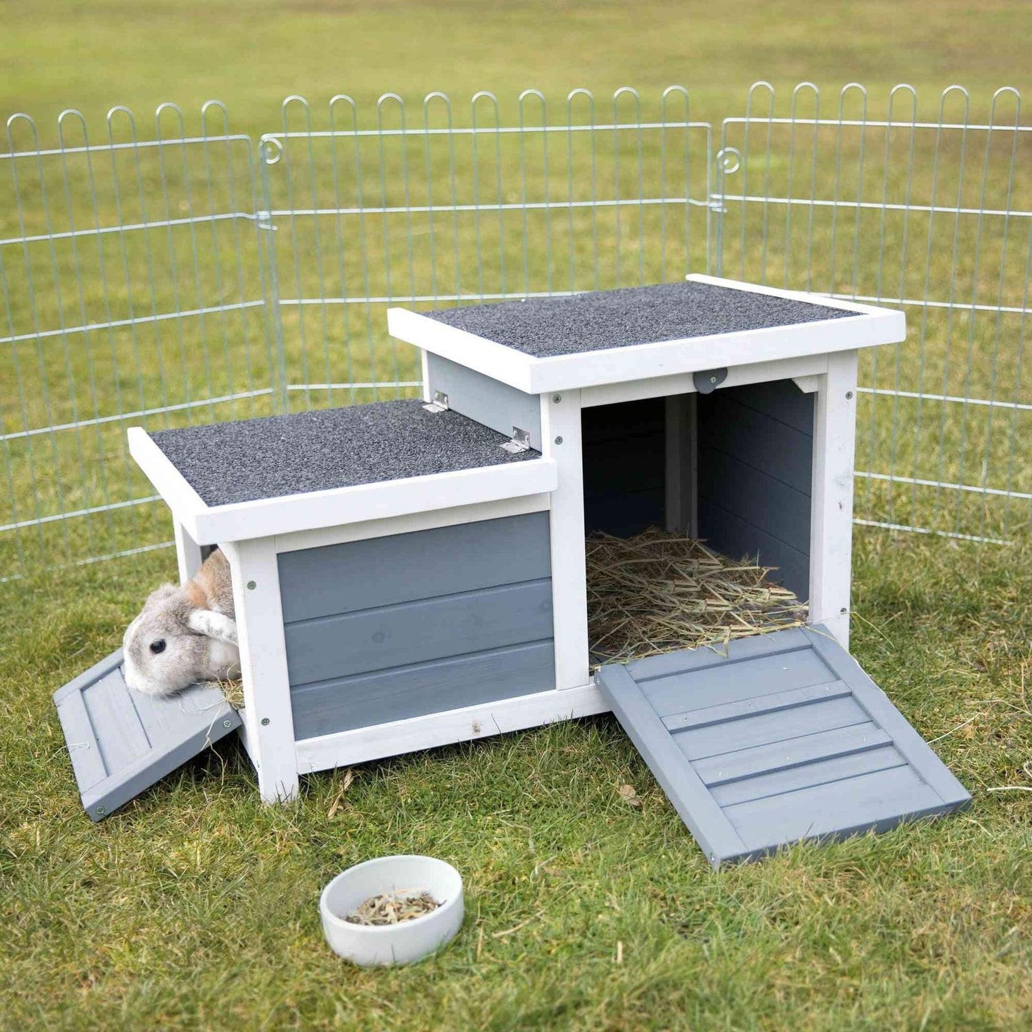 Trixie natura small animal hutch with two entrances, 70 x 43 x 45 cm, white/grey.