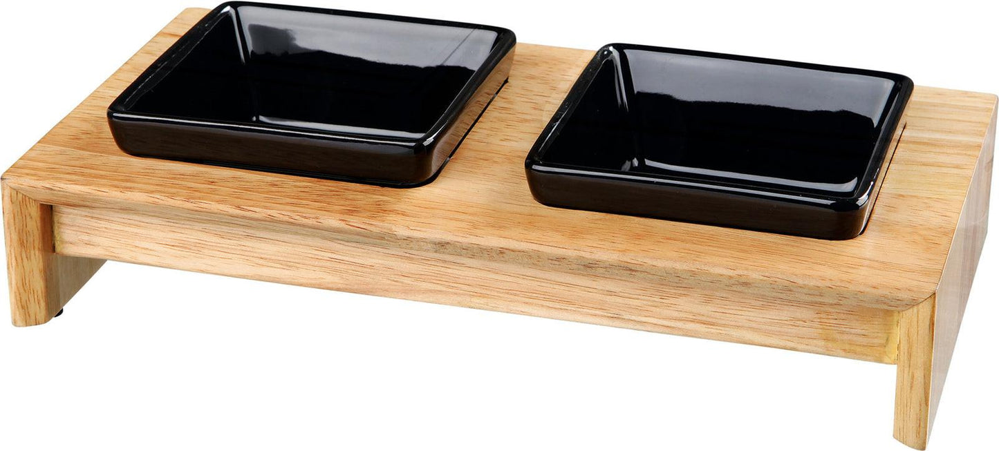 Trixie Bowl set, ceramic/wood, 2 x 0.2 l, 28 x 5 x 15 cm, bowls: black.