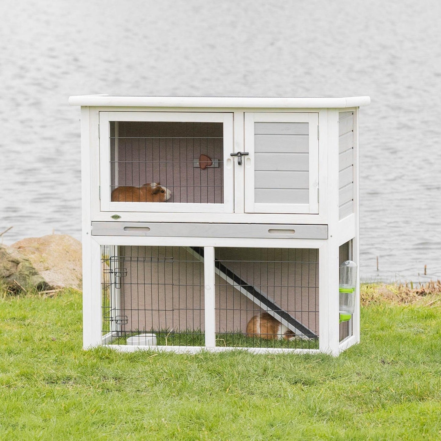 Trixie natura small animal hutch with outdoor run, 104 x 97 x 52 cm, grey/white.