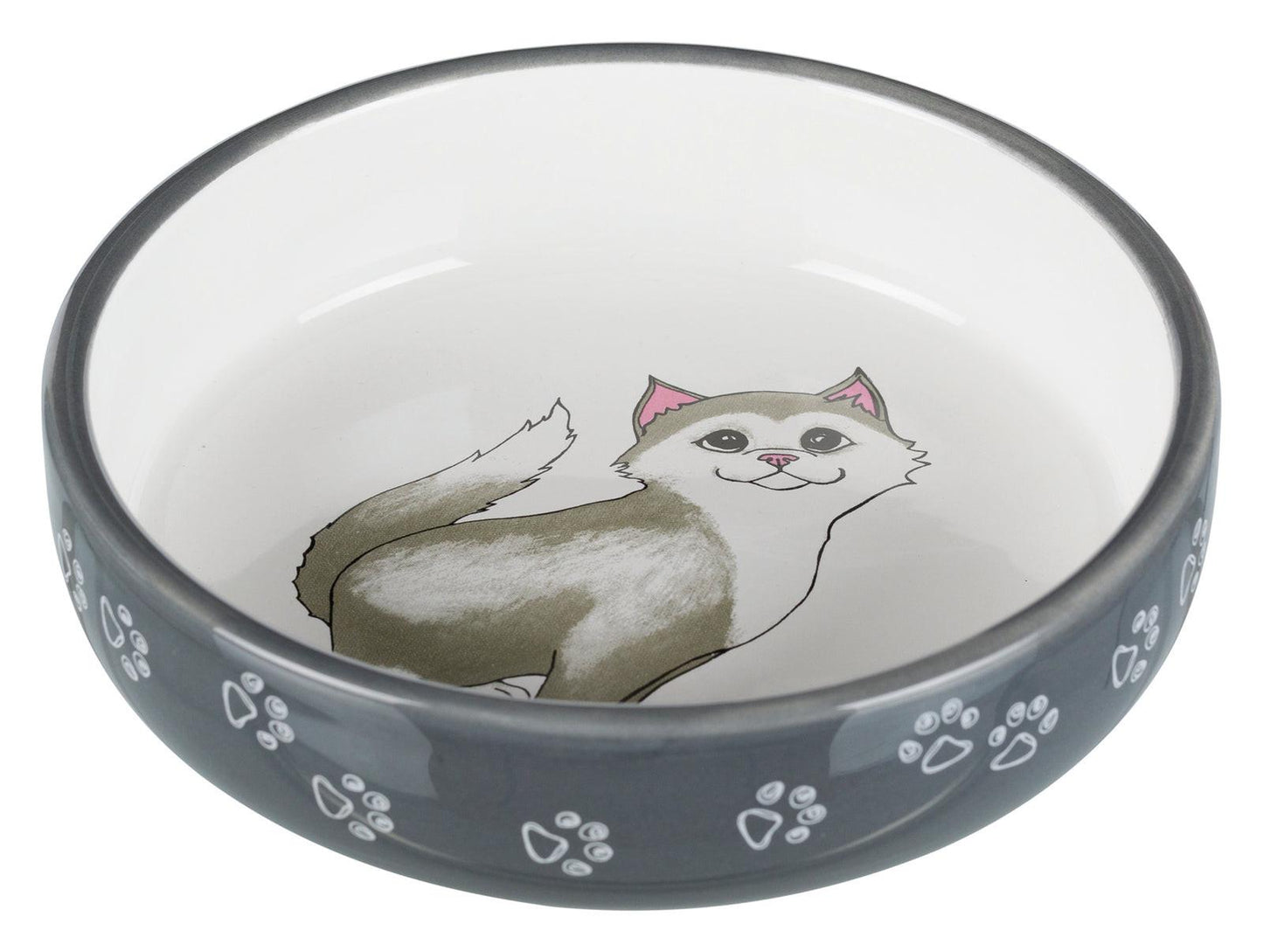 Trixie Cat bowl for short-nosed breeds, ceramic, 0.3 l/diam. 15 cm, grey/white.