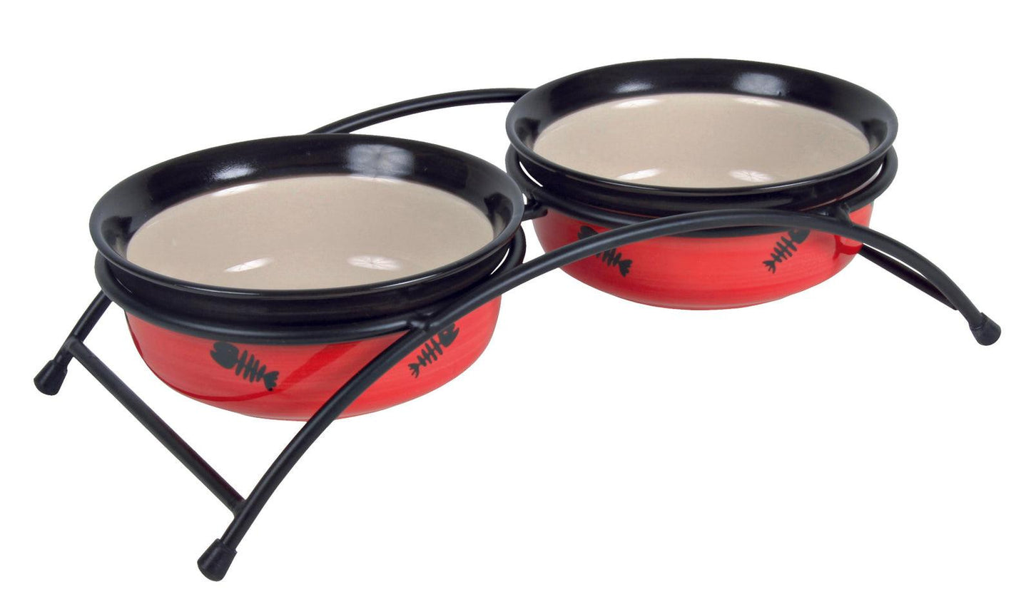 Trixie Eat on Feet ceramic bowl set, 2 x 0.3 l/diam. 12 cm, red/black/cream.
