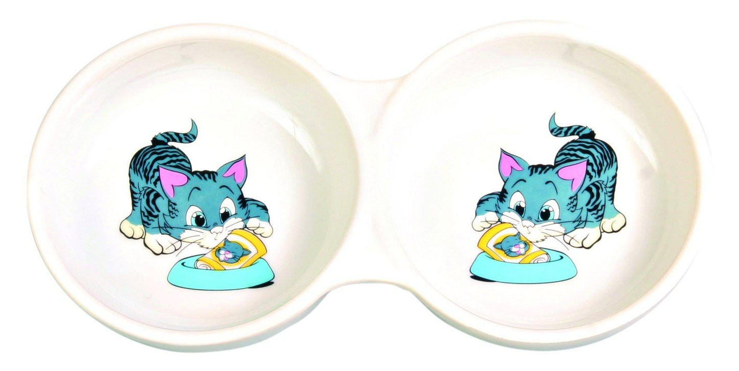 Trixie Double ceramic bowl with motif, 2 x 0.15 l/diam. 11 cm, white.