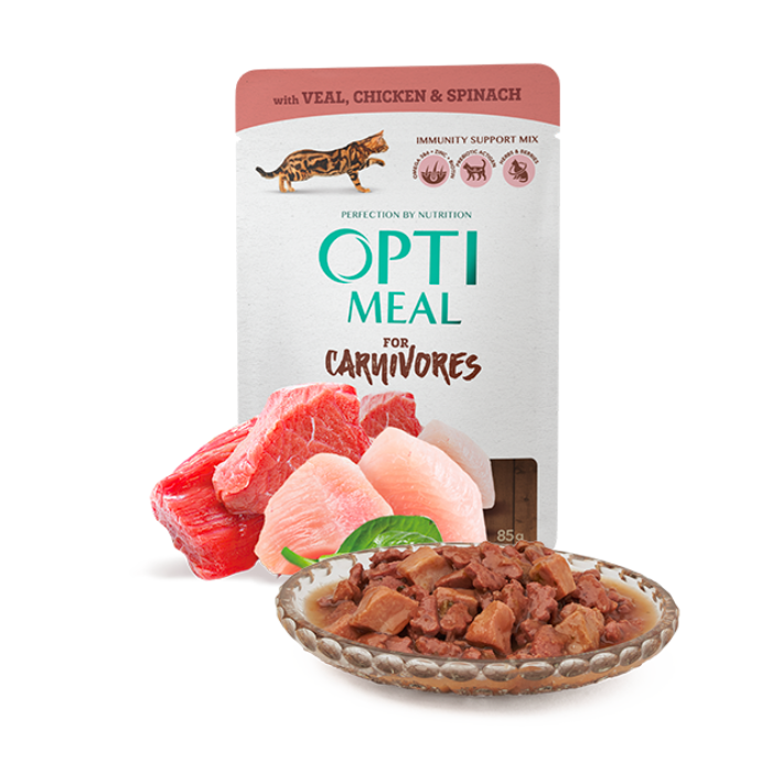 Optimeal Adult Cats With Veal, Chicken Fillet And Spinach In Sauce Pouch – 12 g