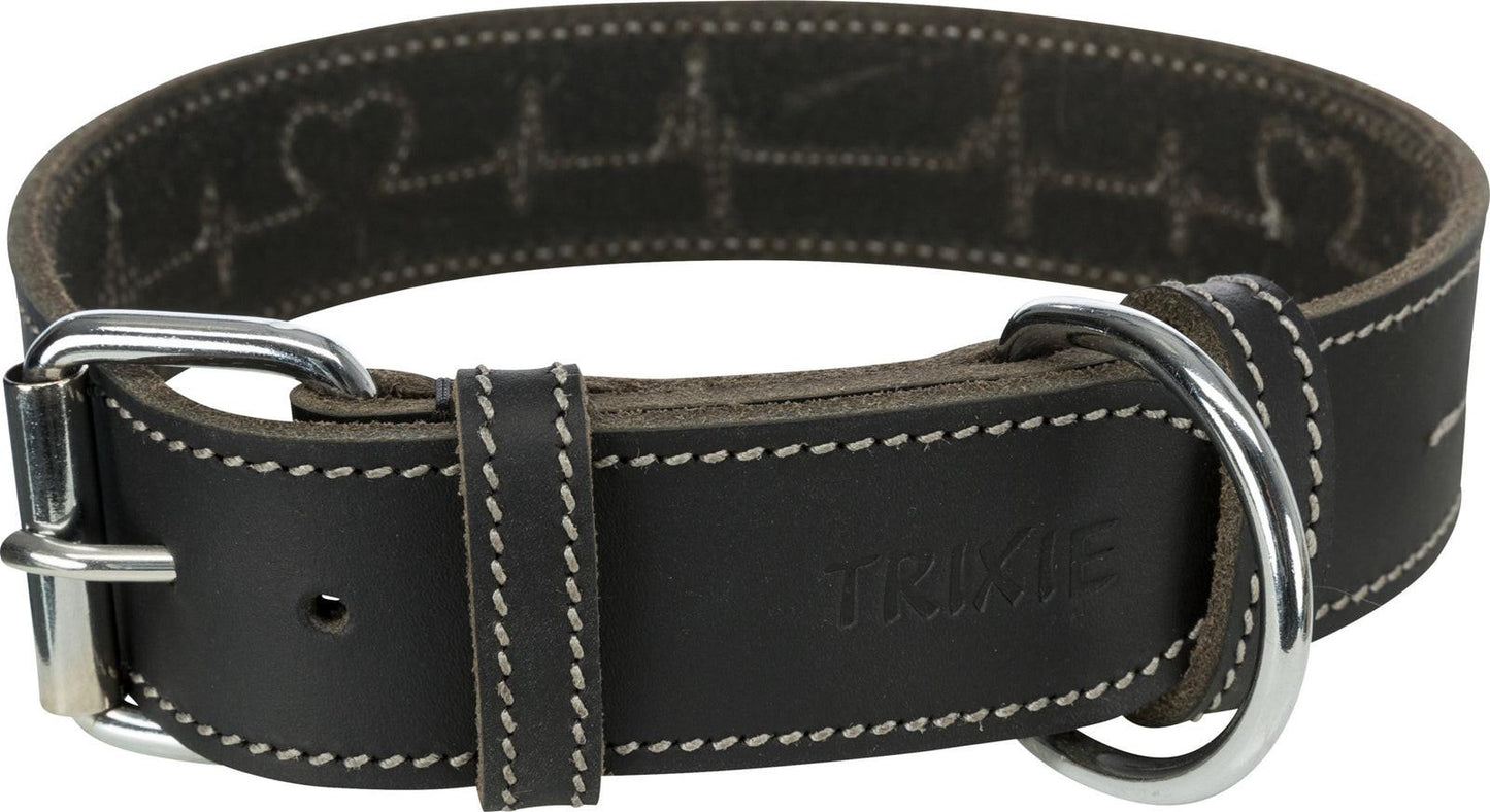 Trixie Rustic fatleather collar Heartbeat, L-XL: 55-65 cm/40 mm, black.