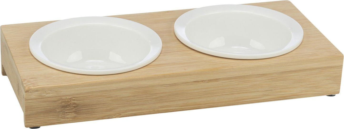 Trixie Bowl set, ceramic/bamboo, 2 x 0.25 l/x· 12 cm/30 x 5 x 14 cm, white/ecru.