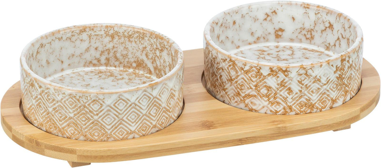 Trixie Bowl set, ceramic/bamboo, 2 x 0.3 l/diam. 12 cm/30 x 6 x 15 cm, white-light brown/li.