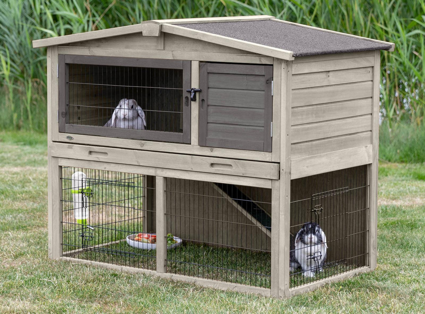 Trixie natura small animal hutch with outdoor run, 124 X 102 X 78 cm, grey/brown.