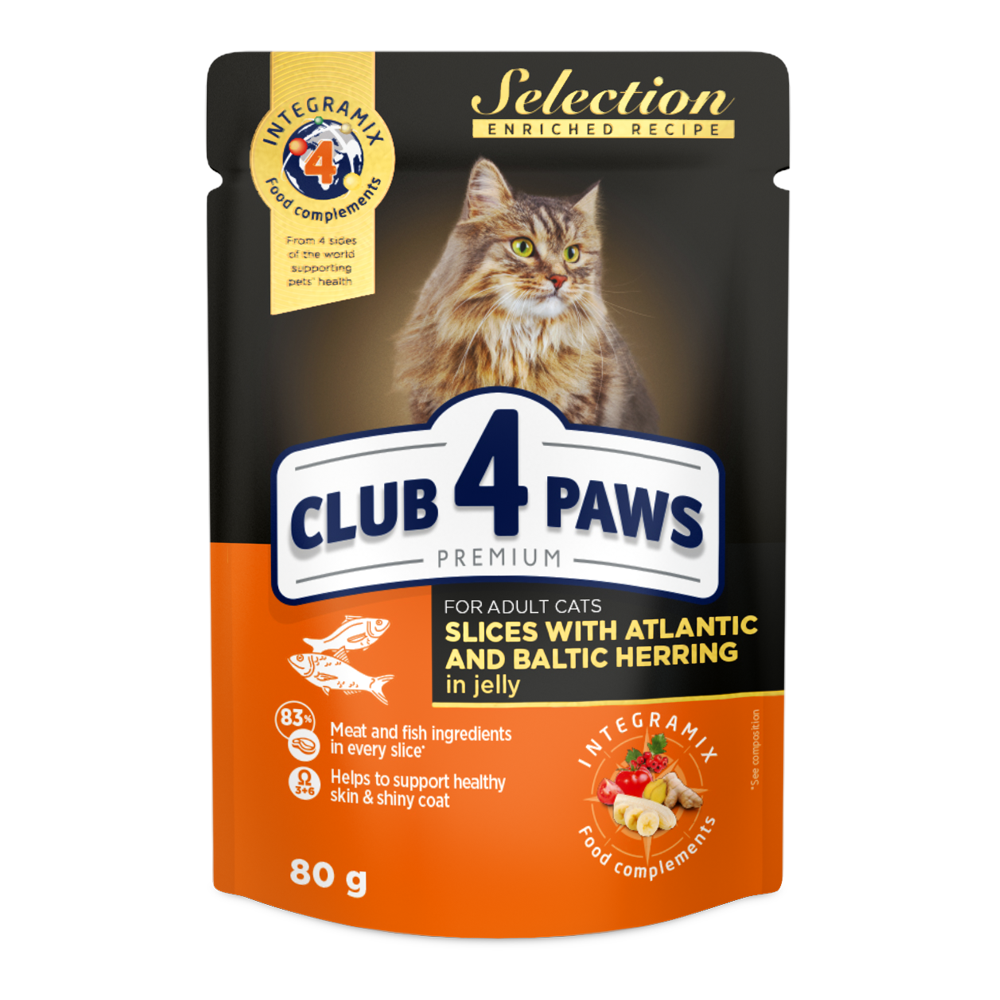 CLUB 4 PAWS Premium Slices with atlantic herring and baltic herring in jelly – 100 g