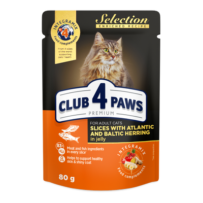 CLUB 4 PAWS Premium Slices with atlantic herring and baltic herring in jelly – 100 g