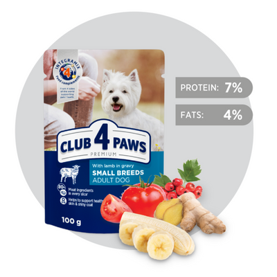 CLUB 4 PAWS Premium for Adult Small Dogs, with Lamb in Gravy – 6 g