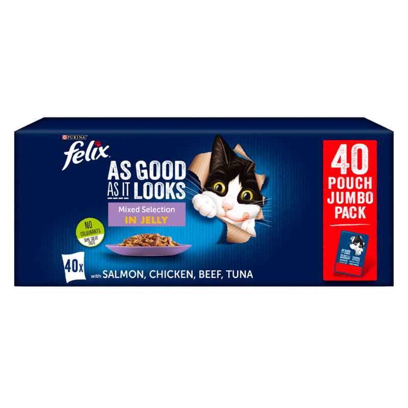 FELIX As Good As It Looks Mixed Selection in Jelly (Beef, Salmon, Chicken, Tuna) Wet Cat Food 40 Pcs Box