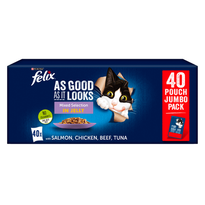 FELIX As Good As It Looks Mixed Selection in Jelly (Beef, Salmon, Chicken, Tuna) Wet Cat Food 40 Pcs Box – 4kg