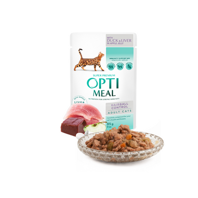 OPTIMEAL Hairball Control Pouches with Duck and slices of Liver in Apple Jelly – 54 g