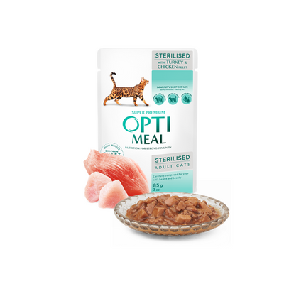 OPTIMEAL Sterilised Pouches with Turkey and Chicken Fillet in sauce – 6 g