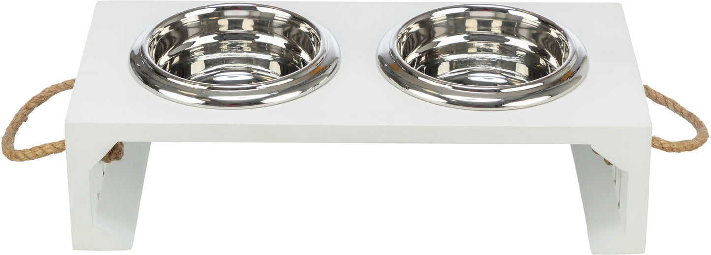 Trixie Be Nordic bowl set, MDF/stainless steel, 2 x 0.4 l/diam. 14 cm/38 x 18 x 10 cm, whit