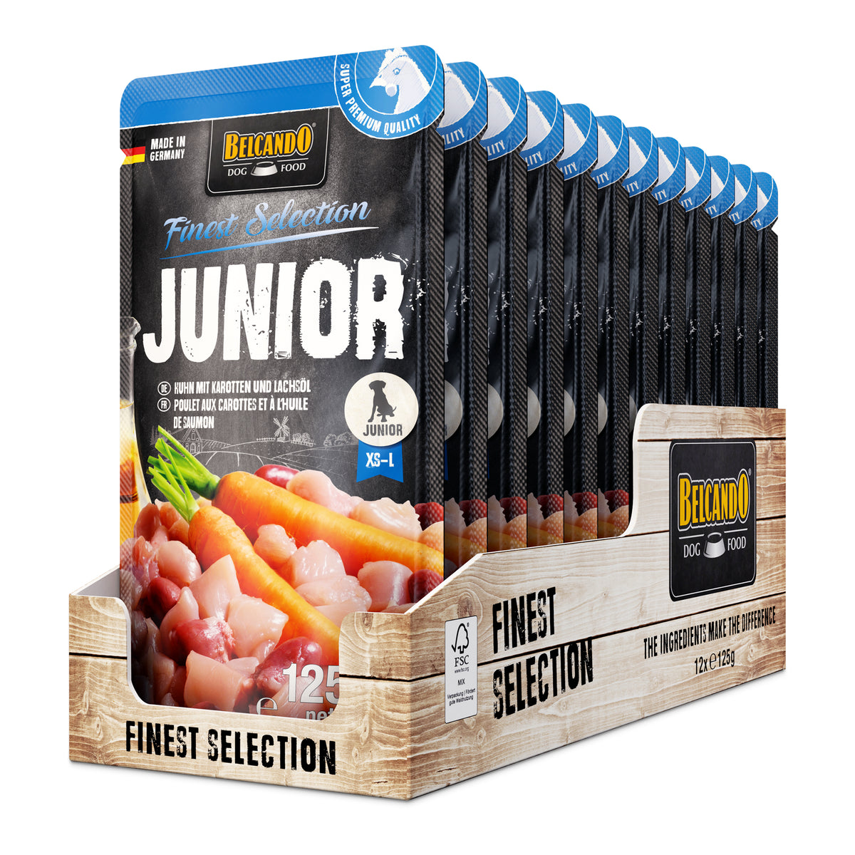 Belcando Junior Chicken with Carrots & Salmon Oil Wet Dog Food Pouch 125g box packaging