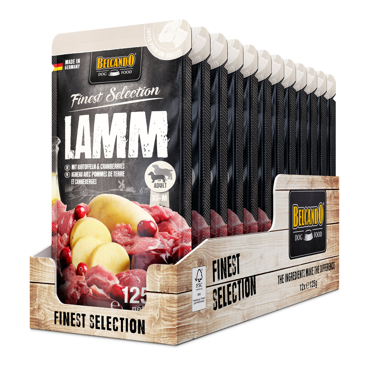 Belcando Lamb with Potatoes & Cranberries Wet Dog Food Pouch 125g box packaging