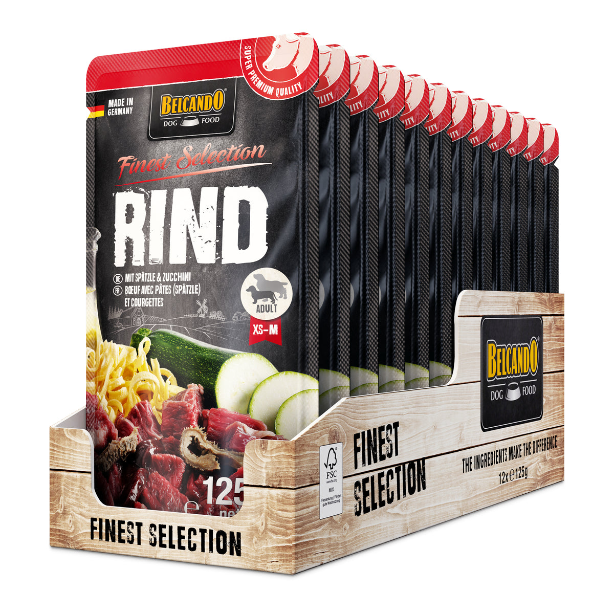 Belcando Beef with Spaetzle & Courgettes Wet Dog Food Pouch 125g box packaging