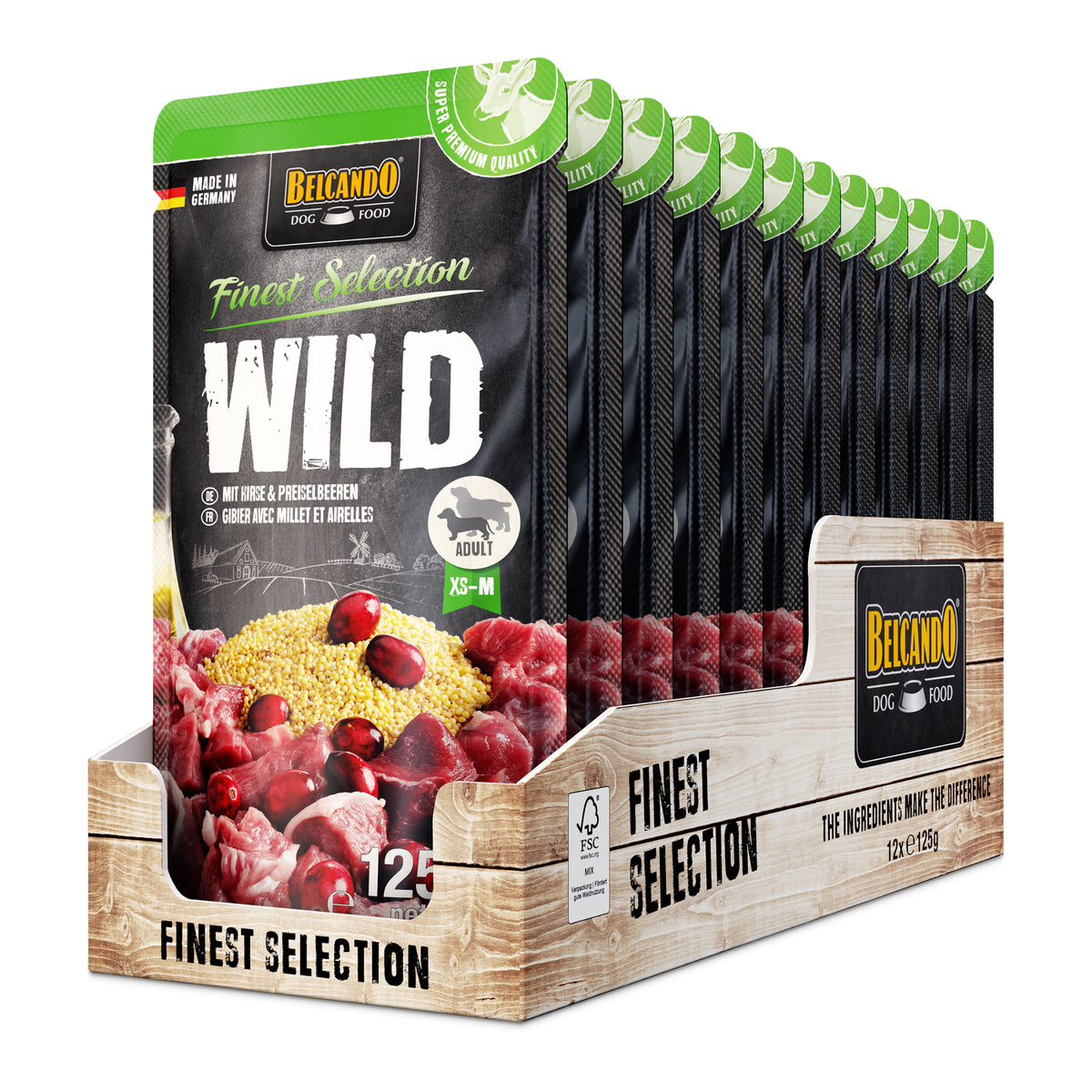Belcando Venison with Millet & Lingonberry Wet Dog Food Pouch 125g box packaging