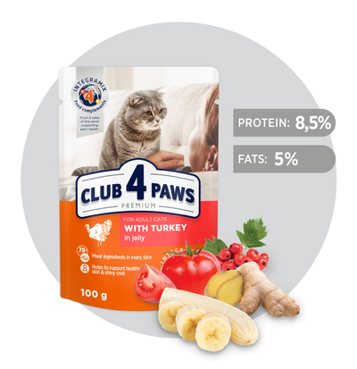 CLUB 4 PAWS Premium "With turkey in jelly". Сomplete pouches pet food for adult cats