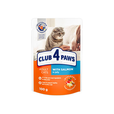CLUB 4 PAWS Premium "With salmon in jelly". Complete pouches pet food for adult cats