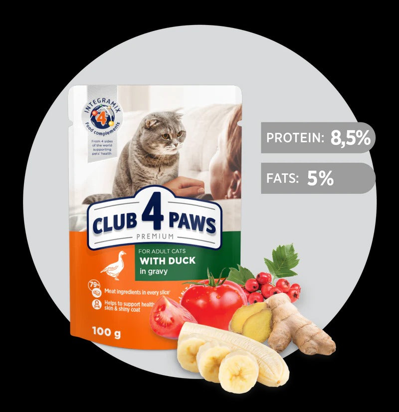 CLUB 4 PAWS Premium "With Duck in gravy". Complete pouches pet food for adult cats