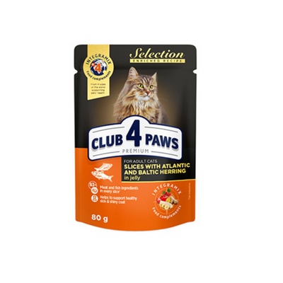 CLUB 4 PAWS Premium Selection Pouches with Slices of Atlantic & Baltic Herring in Jelly