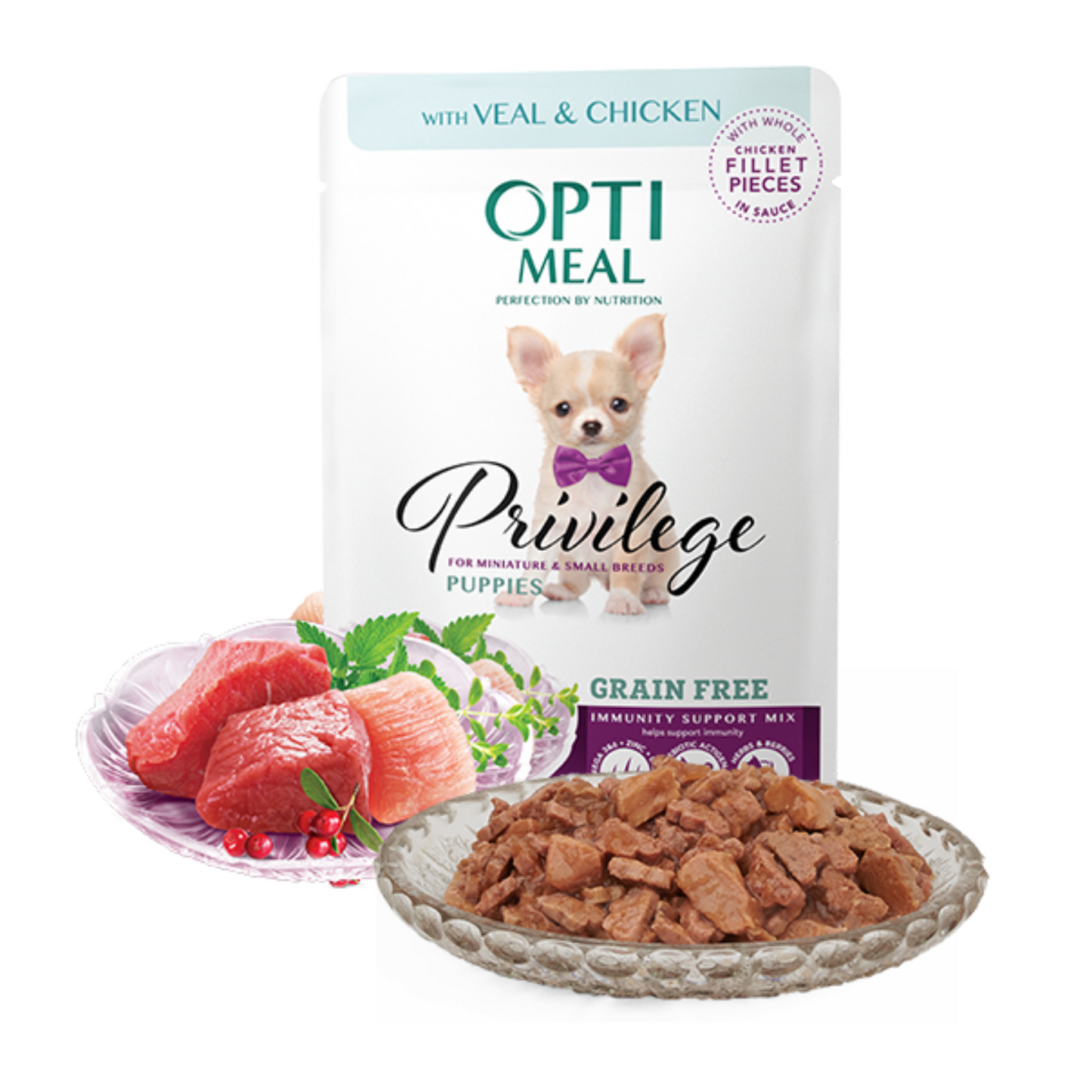 OPTIMEAL Privilege Grain Free Pouches for puppies of miniature and small breeds with Veal and Chicken Fillet in sauce