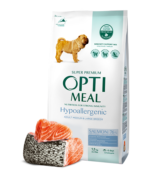 Hypoallergenic complete dry pet food for adult dogs of medium and large breeds – SALMON